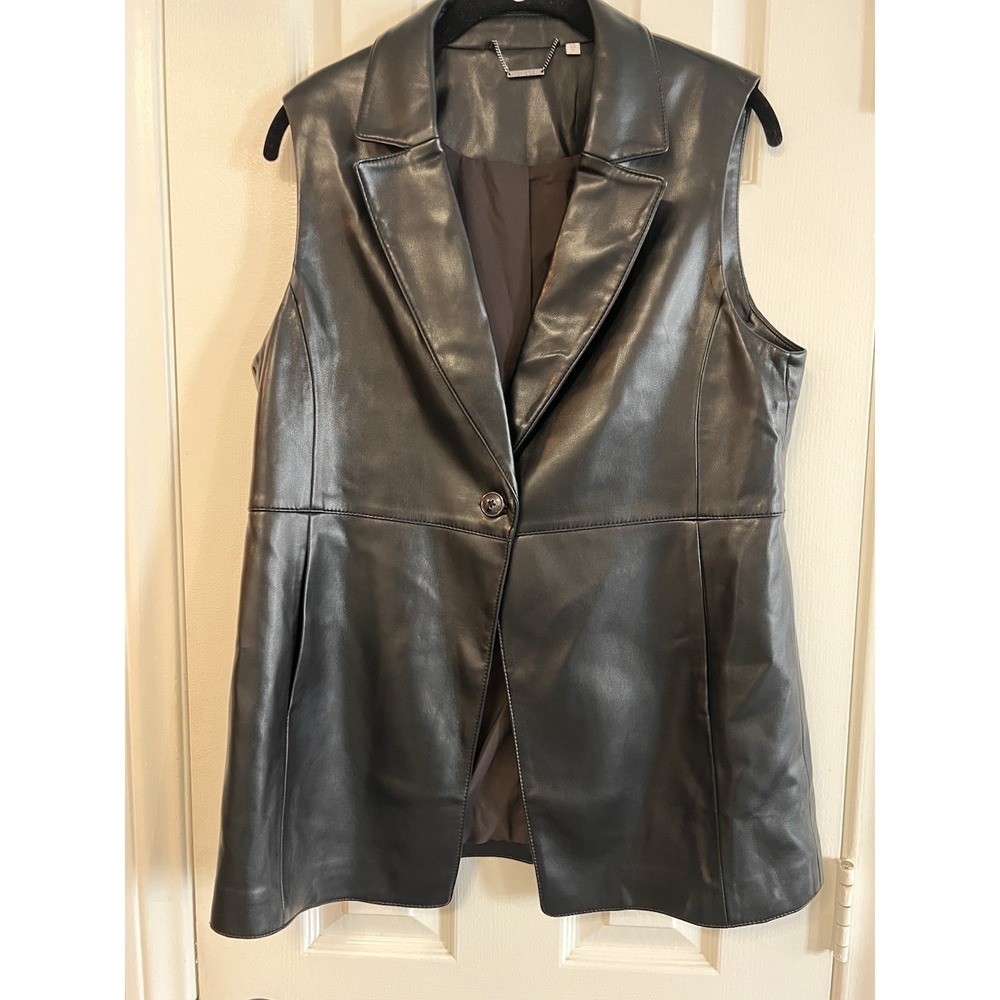 Chico's Black Faux Leather Long Vest Blazer Single Button Slit Back Sz 0.5 US 6